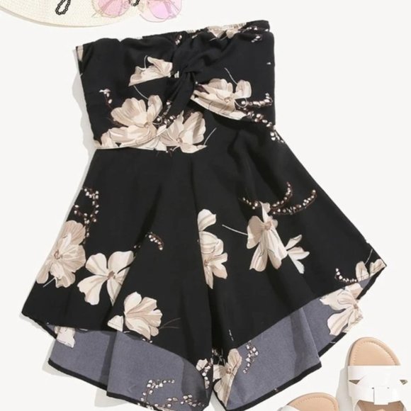 •SHEIN• Floral Print Front Tie Back Bandeau Romper